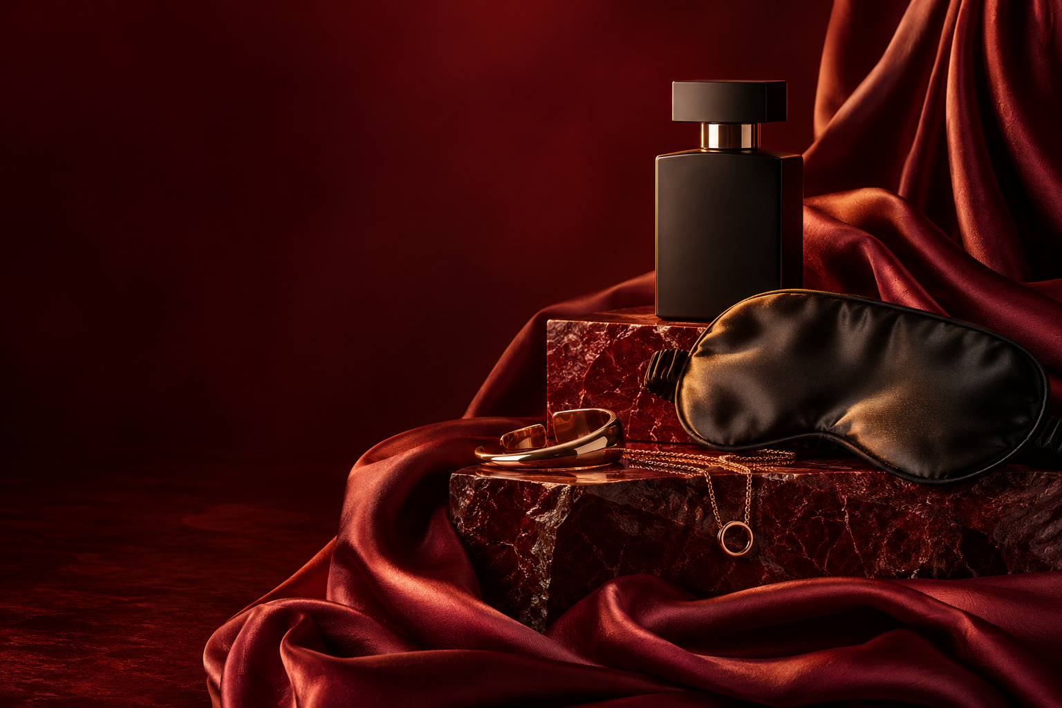 Black satin mask and a dark bottle on burgundy satin, campaign styling
